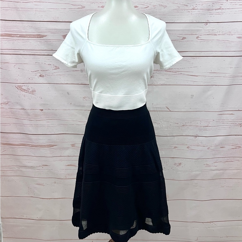 Missoni Colorblock Black and White Knit Short Sleeve Square Neck Flare Dress